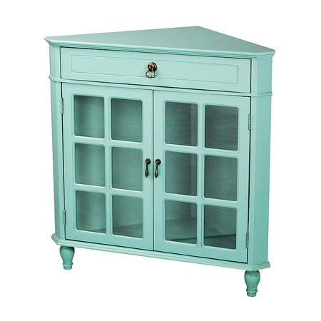Turquoise Wood Clear Glass Corner Cabinet with a Drawer, 2 Doors & Paned