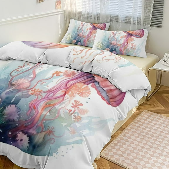 3 Pcs Soft Bedding Set, Includes 1 Duvet Cover with Zipper And 2 Pillow Shams,Marine Life Jellyfish Twin(86"x70")