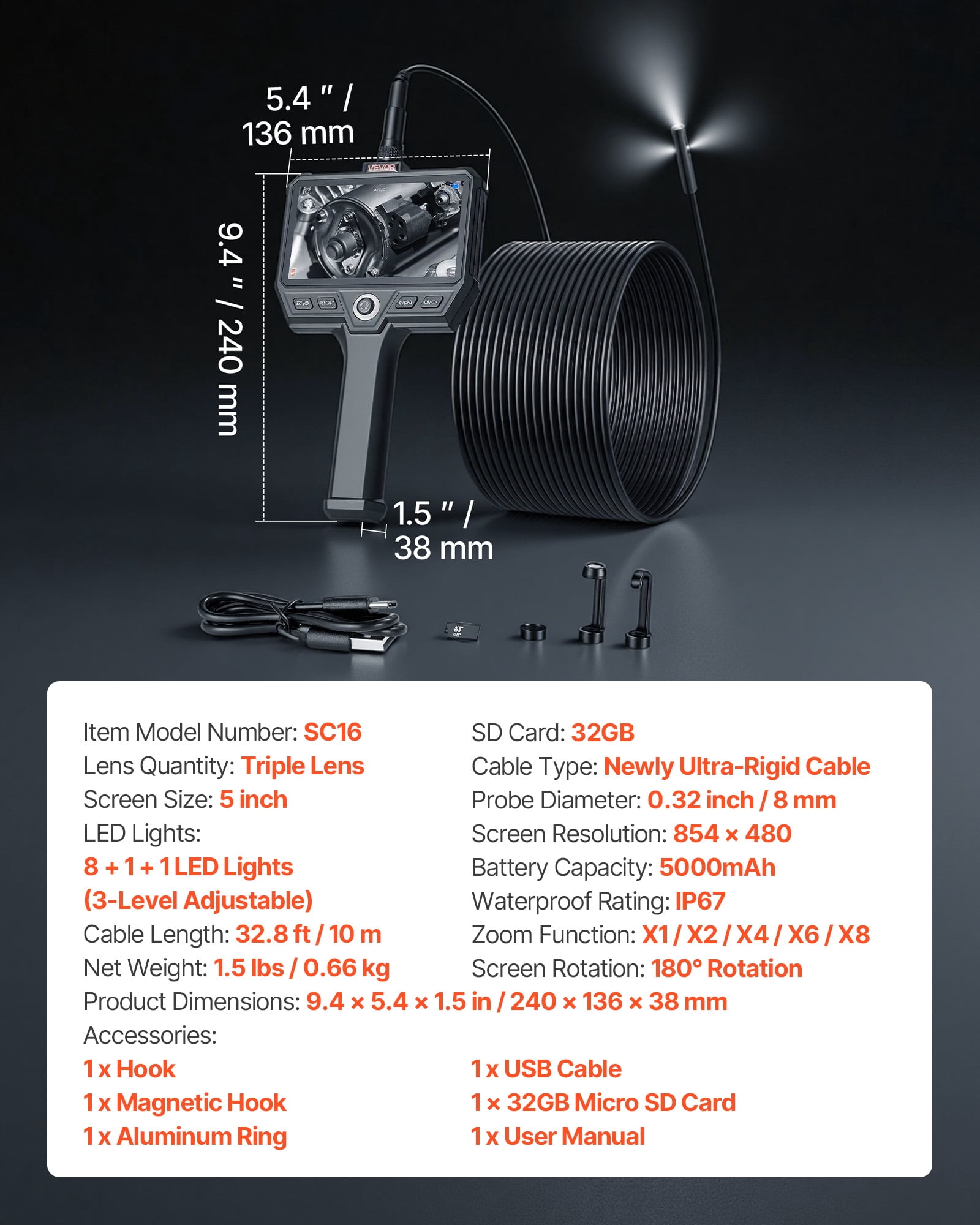 VEVOR Triple Lens Endoscope with 32.8FT Newly Ultra-Rigid Cable, Industrial Borescope with Light, 5" HD IPS Screen, 8 + 2 Lights, 8X Zoom, 5000mAh, IP67 Waterproof Snake Camera for Auto, Plumbing
