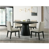 JERFIT 5-Piece Round Dining Set with Pedestal Table and Fabric Upholstered Chairs, Ebony Black and Beige