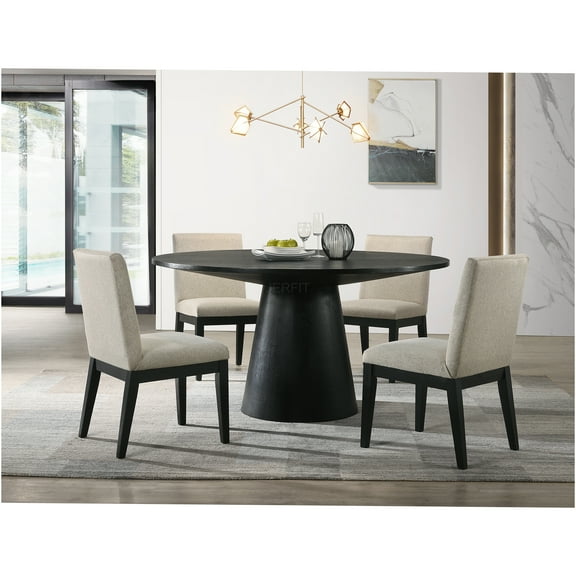 JERFIT 5-Piece Round Dining Set with Pedestal Table and Fabric Upholstered Chairs, Ebony Black and Beige