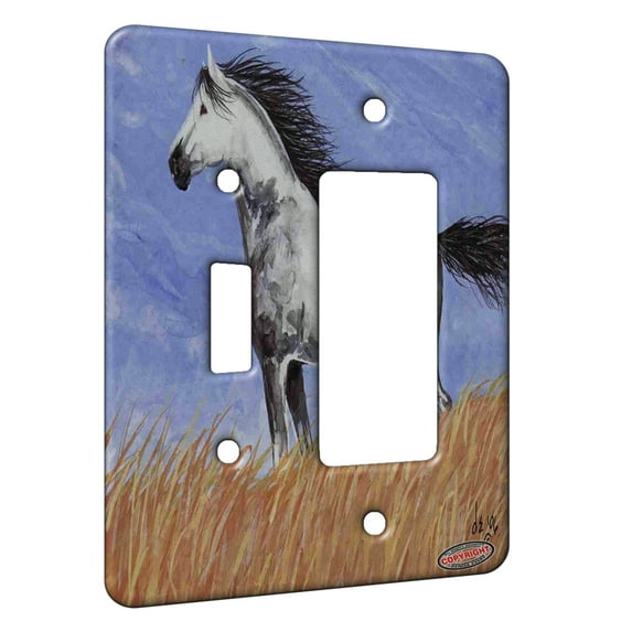 KuzmarK™ 2 Gang Single Toggle / Single Duplex Rocker Wall Plate - Dappled Gray Mustang Western Plains Horse Art by Denise Every