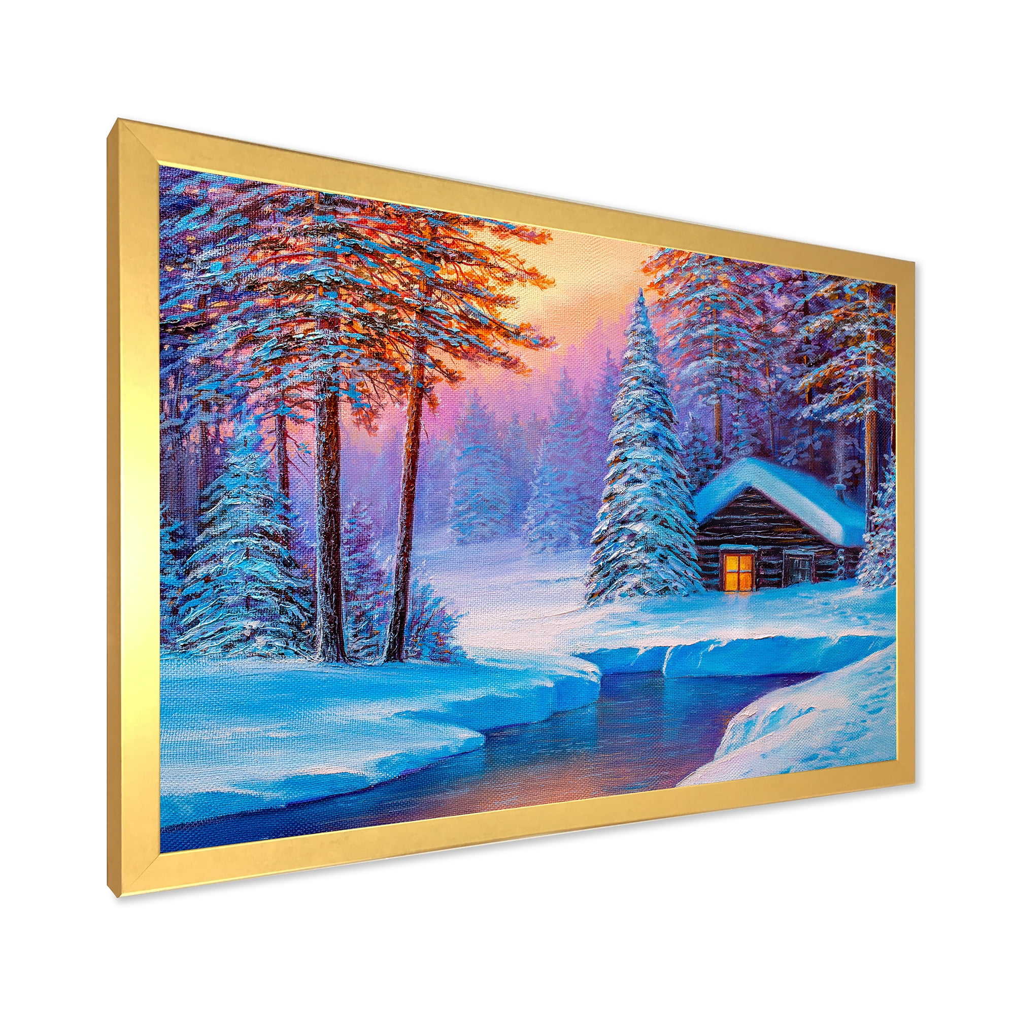 Designart 'Old Cabin In Winter Forest In Evening Glow I' Traditional Framed Art Print
