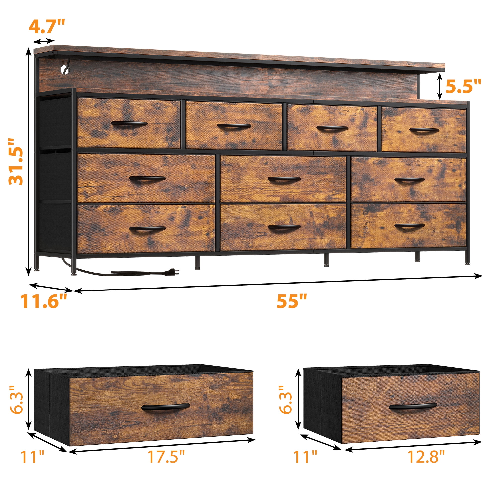 EnHomee 55"Long Dresser for Bedroom 10 Drawers Wide Dresser with LED Nights and Charging Station Fabric Dressers & Chests of Drawers,Rustic Brown