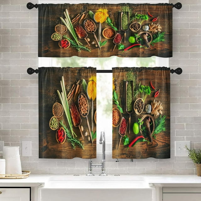 Kitchen Curtains Colourful Various Herbs and Spices Window Curtains and Valances Set 36 Inch, Cooking Wooden Board Pattern Short Tier Curtain for Kitchen, Vintage Small Kitchen Decor
