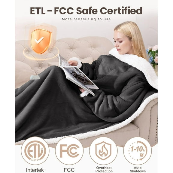Wearable Heated Blanket with Foot Pocket,Electric Snuggle Throw Blanket with Sleeves,9 Heating Levels & 1-10 Hours Auto Shut Off,50x70 Inch,Grey