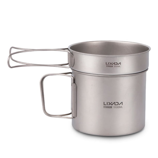 Kit de taza de titanio Juego de utensilios de cocina para acampar para exteriores Ultralight Titanium Set de 1100 ml de olla y sartén de 350 ml con asas plegables
