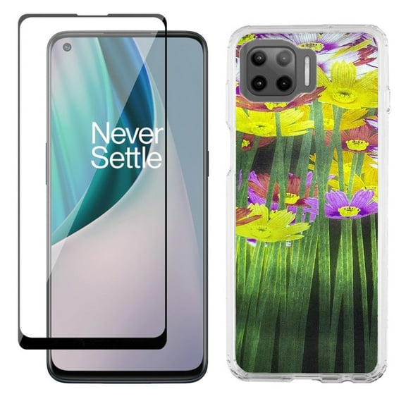 Slim-Fit Protective Phone Case compatible with Motorola Moto One 5G UW, with Tempered Glass Screen Protector, by OneToughShield ® - Dream Flower