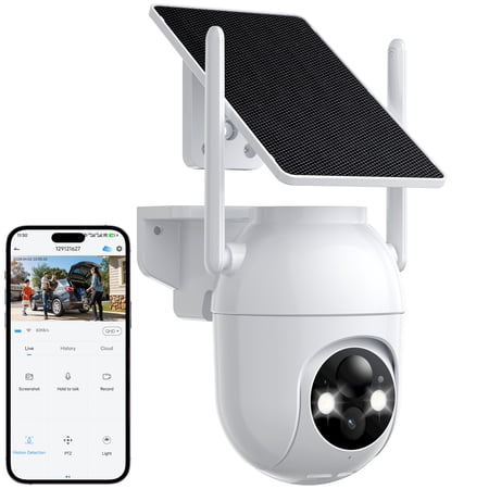 Security Cameras Wireless Outdoor WiFi, Solar Battery Powered, 360° View, AI Human Detection, Color Night Vision, 2-Way Audio, Real-Time Alerts, IP66 Waterproof, SD/Cloud Storage White