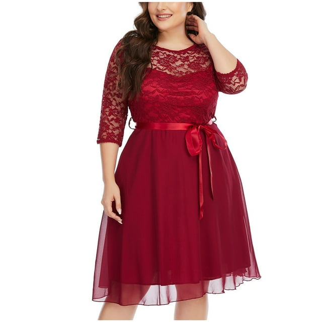 Bigersell Robes de la Saint-Valentin en Liquidation Femme Col Rond Manches 3/4 Longueur Genou Robe de Cocktail Style D-131 Robes Froncées Dames Grande Taille Robes d'Été, Bordeaux TTG