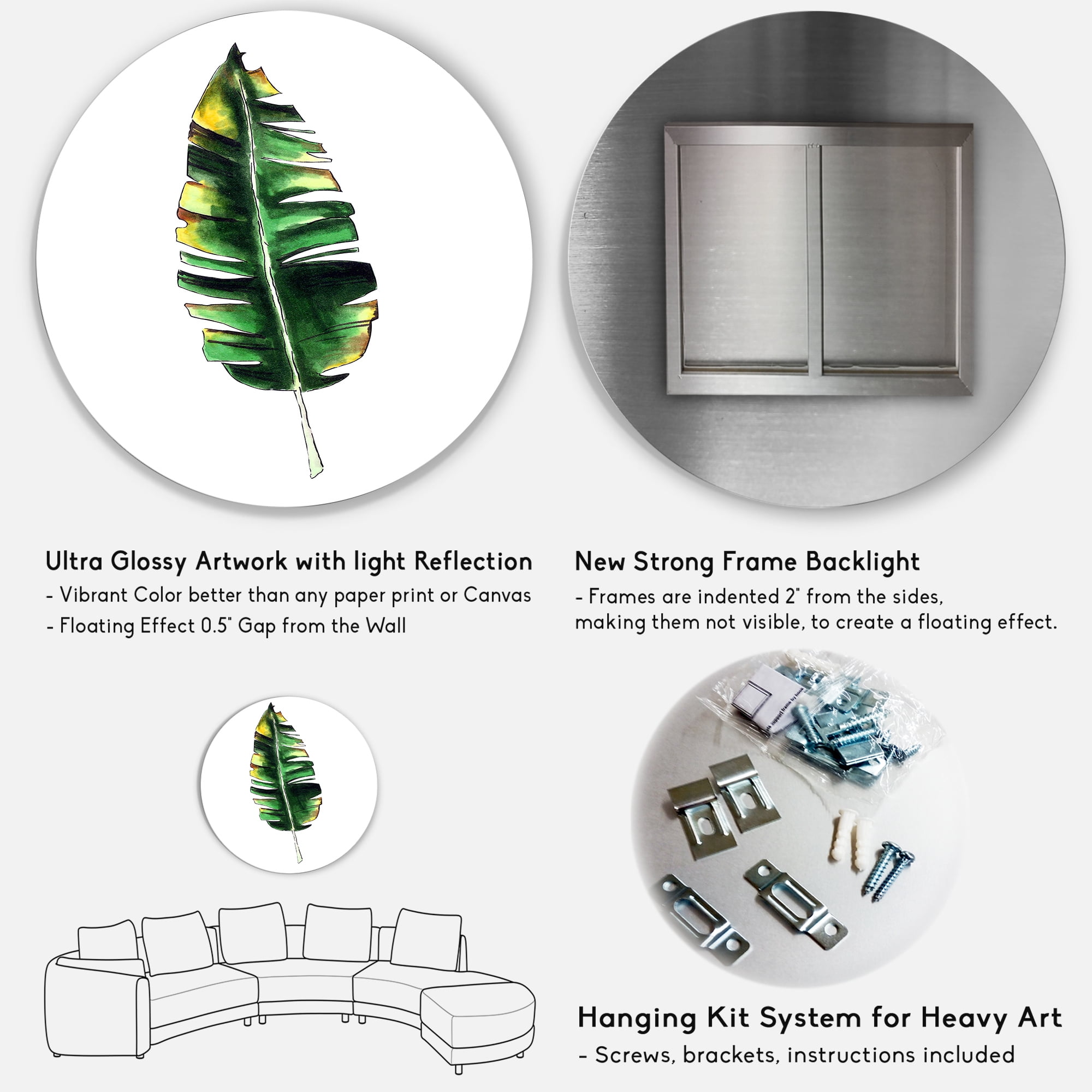 Designart 'Single Banana Leaf On White' Bohemian & Eclectic Circle Metal Wall Art 11x11 - Disc of 11