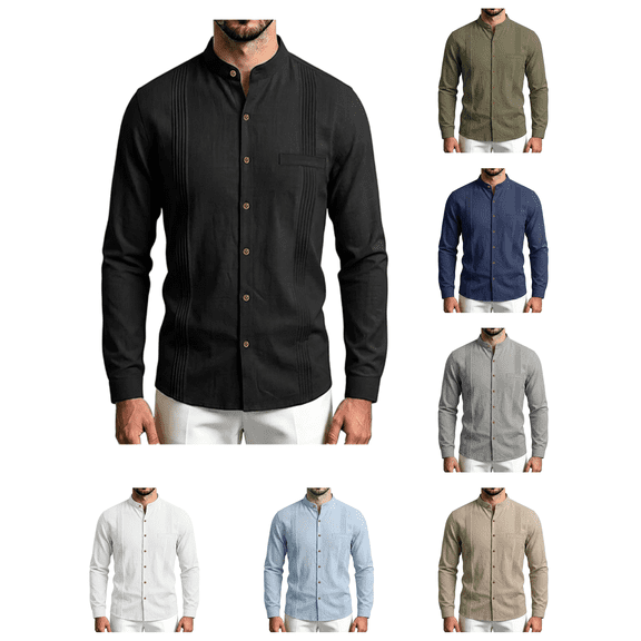 Atkumj Mens Linen Shirts Fashion Stand Collar Chest Pocket Button Down Shirt Casual Solid Color Long Sleeve Shirts M