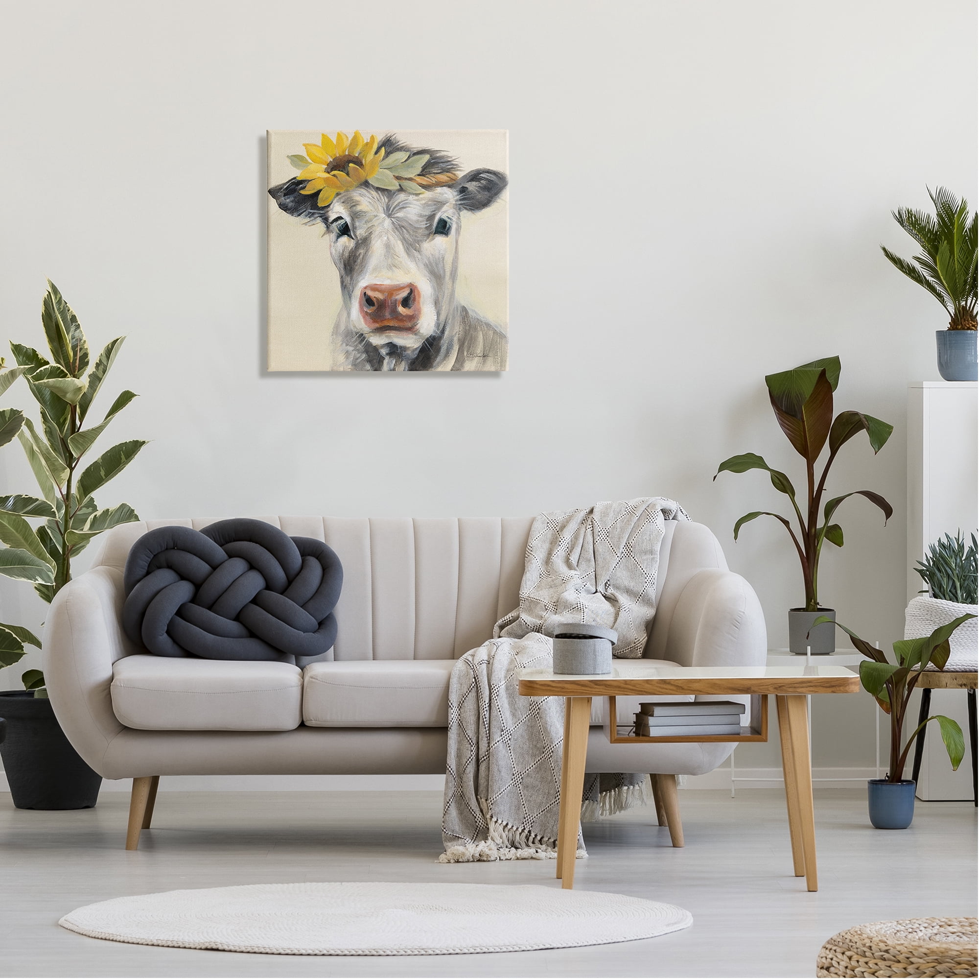 Stupell Industries Cow with Sunflower Crown Animals & Insects Painting Gallery Wrapped Canvas Print Wall Art, 24 x 24