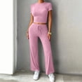 thumbnail image 5 of LEKWK Workout Sets for Women 2 Piece Short Sleeve Crewneck Crop Tops and Tummy Control Straight Leg Pants Summer Yoga Gym Athletic Running Casual Outfits, 5 of 6