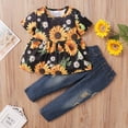 thumbnail image 3 of 3T Toddler Baby Girls Outfits Sunflower Print Short Sleeve Round Neck Top+Ripped jeans Pants 2PCS Clothes Set 3-4T,Black, 3 of 7
