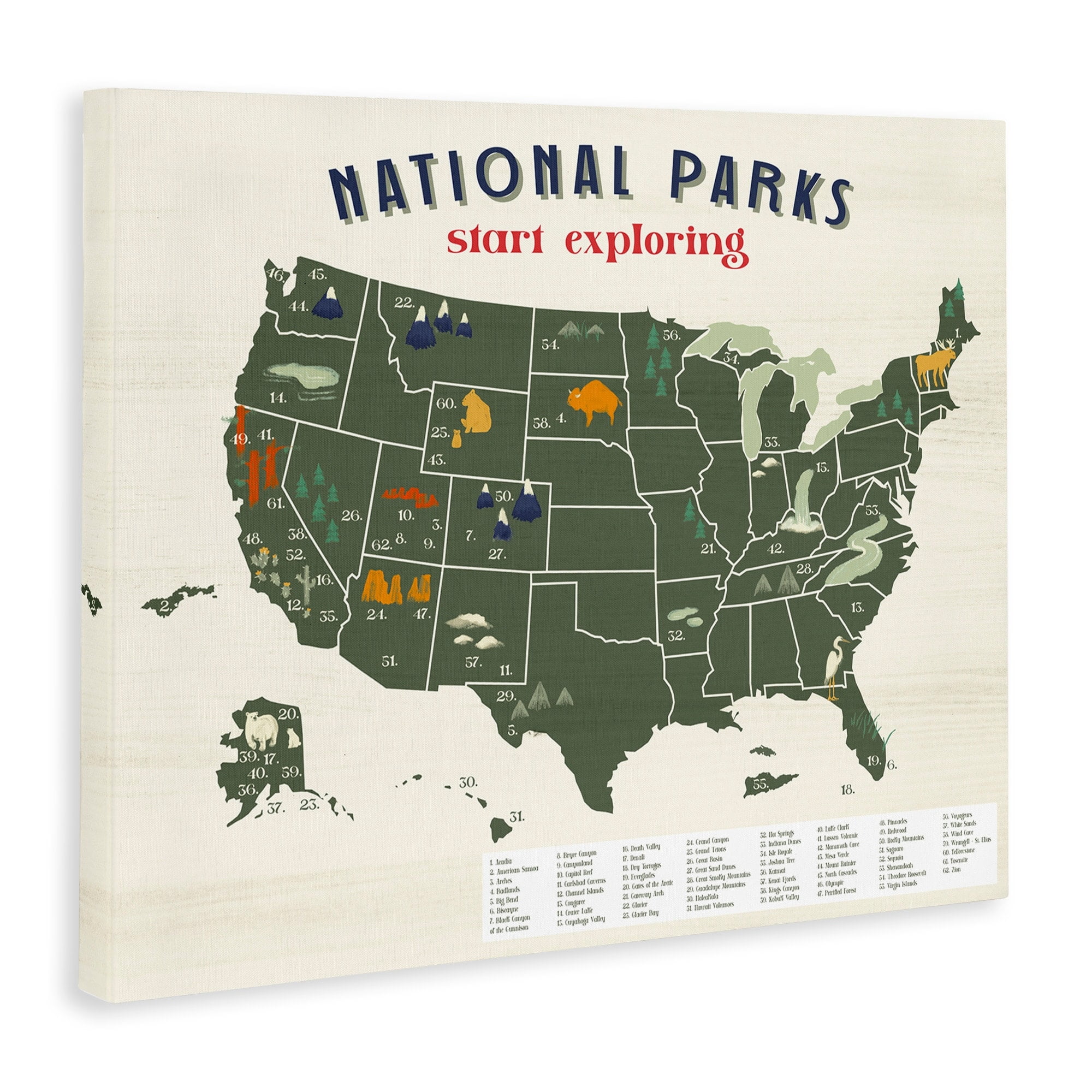 Stupell Industries National Parks Map with Numbered Key United States Town & City Painting Gallery Wrapped Canvas Print Wall Art, 30 x 40