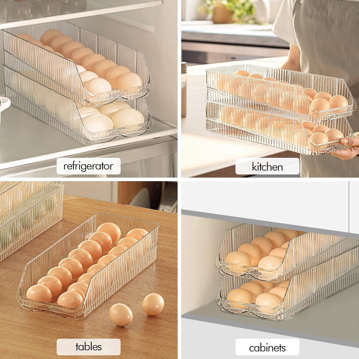 16 Egg Holder for Fridge, Rolling Egg Container, Stackable Egg Tray Holds 16 Eggs - Clear