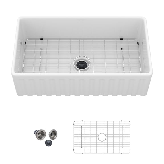 Acpouw 33" White Farmhouse Sink - 33 x 18 x 10 inch Kitchen Sink Apron-front White Porcelain Ceramic Reversible Single Bowl Kitchen Farm Sinks