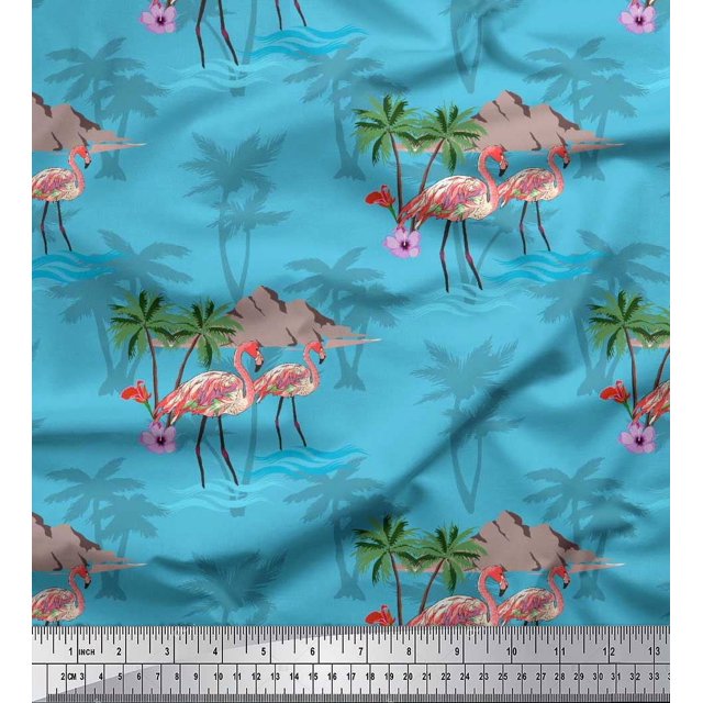 Soimoi Blue Viscose Chiffon Fabric Palm Tree, & Flamingo Bird Print Fabric by Yard 42 Inch Wide