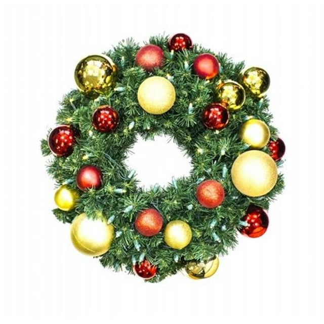 Pre-Lit Warm White LED Sequoia Wreath Decorated With Red And Gold Ornament Collection