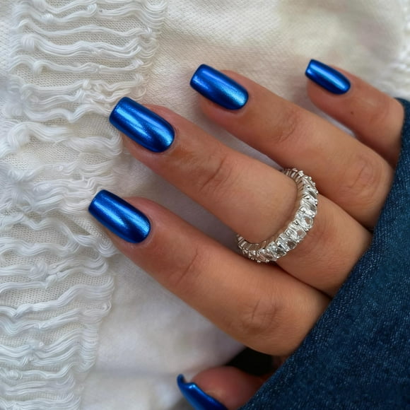 Uñas postizas cuadradas cromadas azul rey (cortas y medianas), uñas postizas acrílicas metálicas Sxvme, uñas postizas de metal cromado con efecto espejo (medianas), uñas postizas cortas tipo ataúd (24