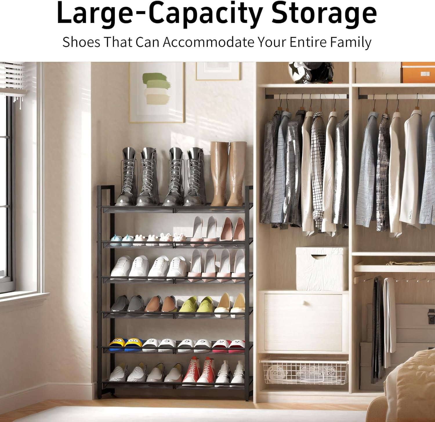 6-Tier Metal Large Shoe Rack,Tall Shoe Rack for Closet,entryway,Garage, with Adjustable Flat or Angled Shelves, Hold 20-26 Pairs Shoes
