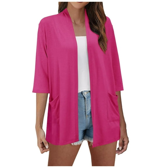 Ediodpoh Womens Lightweight Open Front Cardigan for Women Summer Fall Outwear Thin Cover Ups Three Quarter Sleeve Hot Pink S