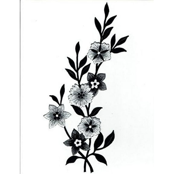 Flowers LEFT - Black/White/Silver - LARGE - Iron on Applique/Embroidered Patch