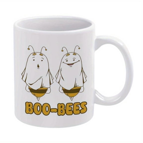 1pc 11oz Ceramic Coffee Mug with Cute Design BOO BEES Halloween Theme Durable White Cup Hot Cold Drinks Birthday Holiday Gifts