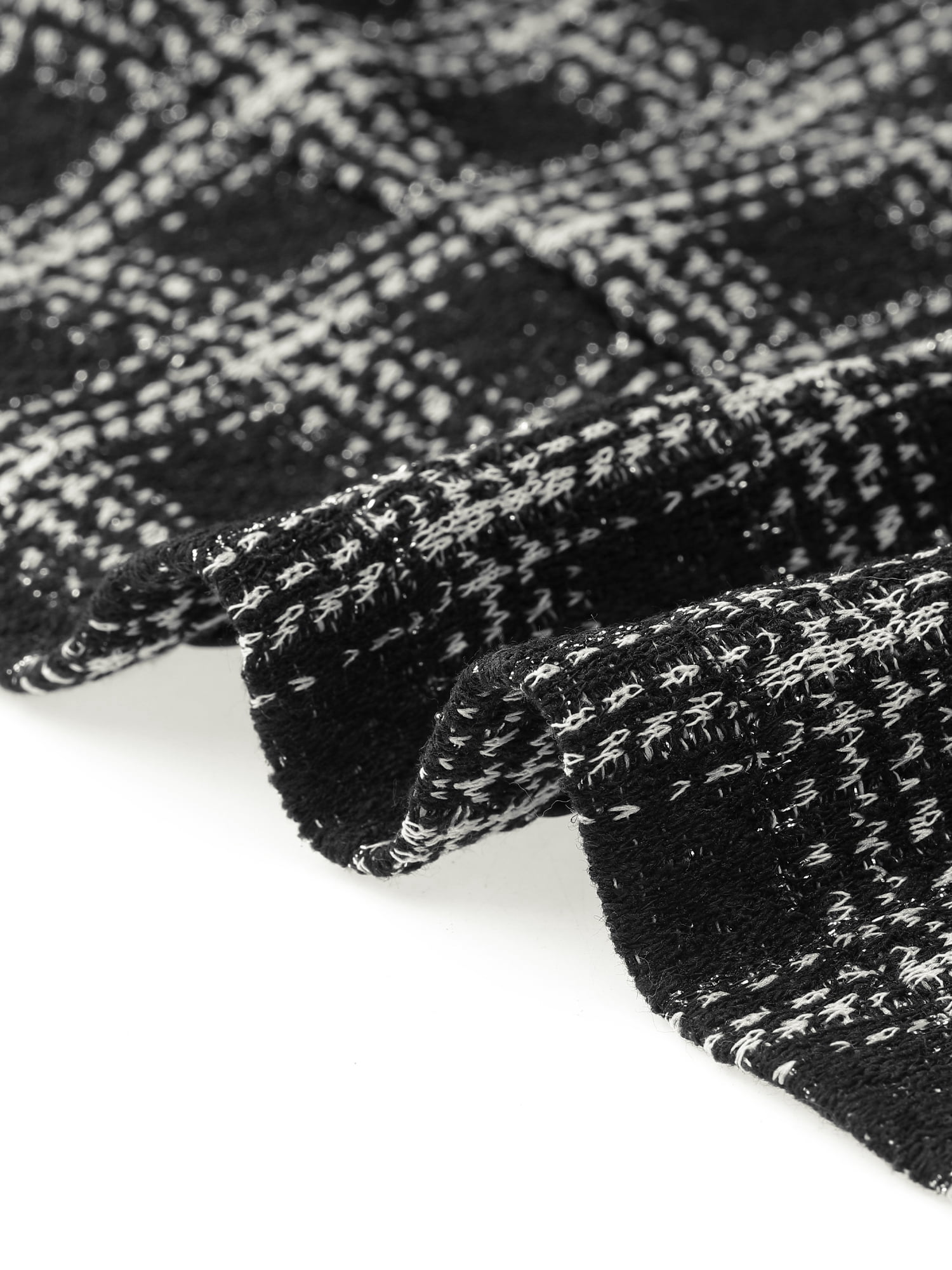 DARING DIVA Women's Elegant Plaid Tweed Blazer Band Collar Jacket M Black White