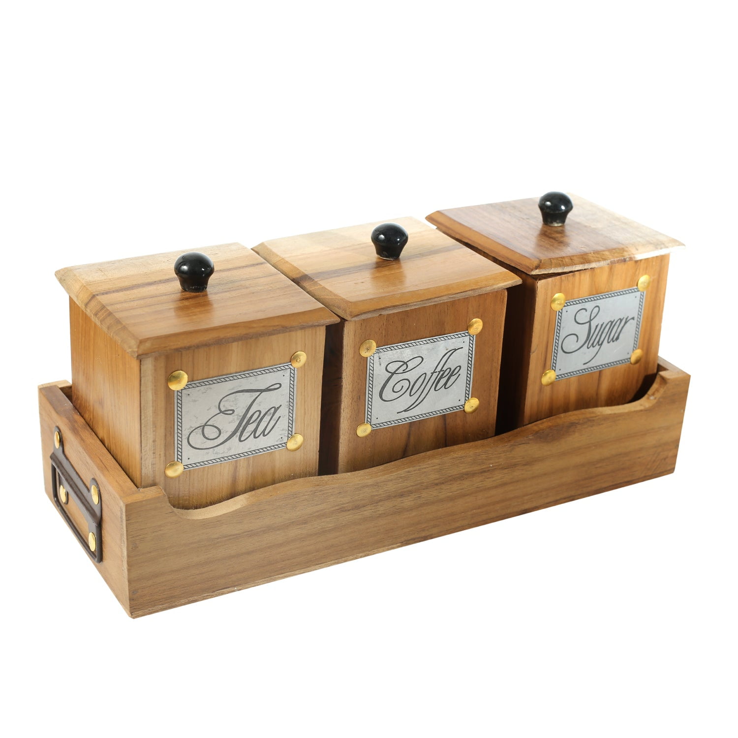 Teak Wood Antique Look Tea Coffee Sugar 3 Container Set with Lids in