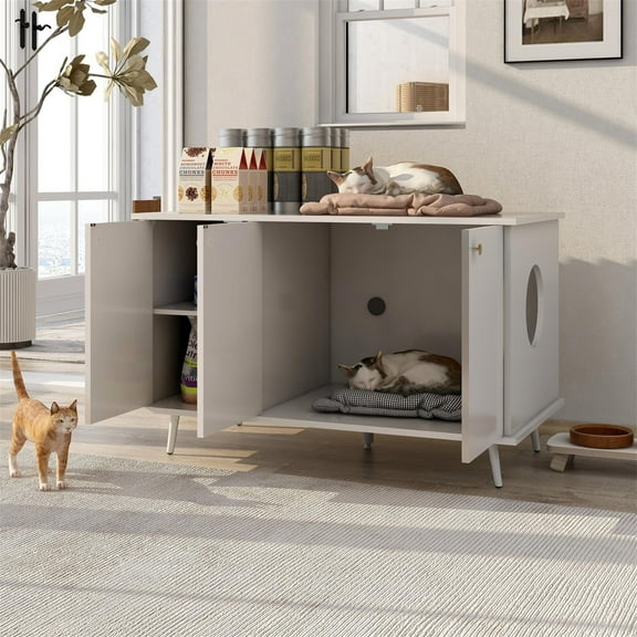 Pefilos 39" Hidden Cat Litter Box Enclosure Furniture, Modern Wood Cat House, Cat Washroom with Plug, White