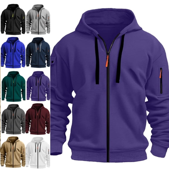 Hoodie For Men Full Zip Up Sweatshirts Long Sleeve Oversized Pullovers With Zipper Pockets Casual Fall Winter Coat Purple S