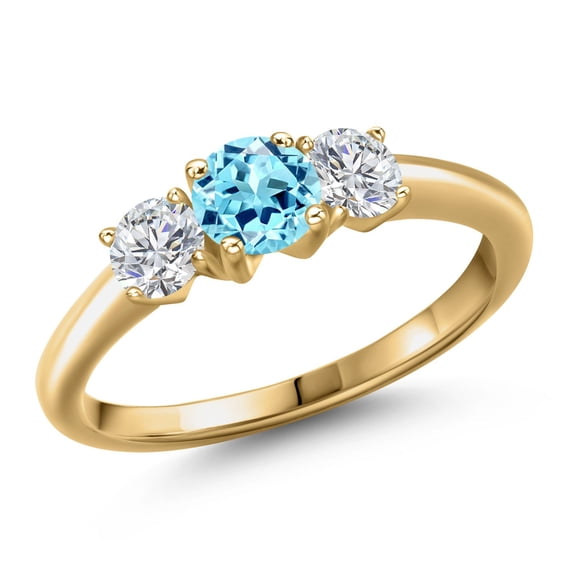 Gem Stone King 18K Yellow Gold Plated Silver Blue Apatite and Lab Grown Diamond Engagement Ring for Women | 1.04 Cttw | Round 5MM | Gemstone Birthstone | Size 9