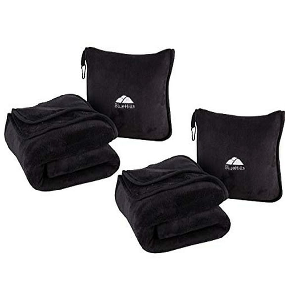 BlueHills Premium Soft Travel Blanket Pillow Airplane Throw 2-Pack -Black