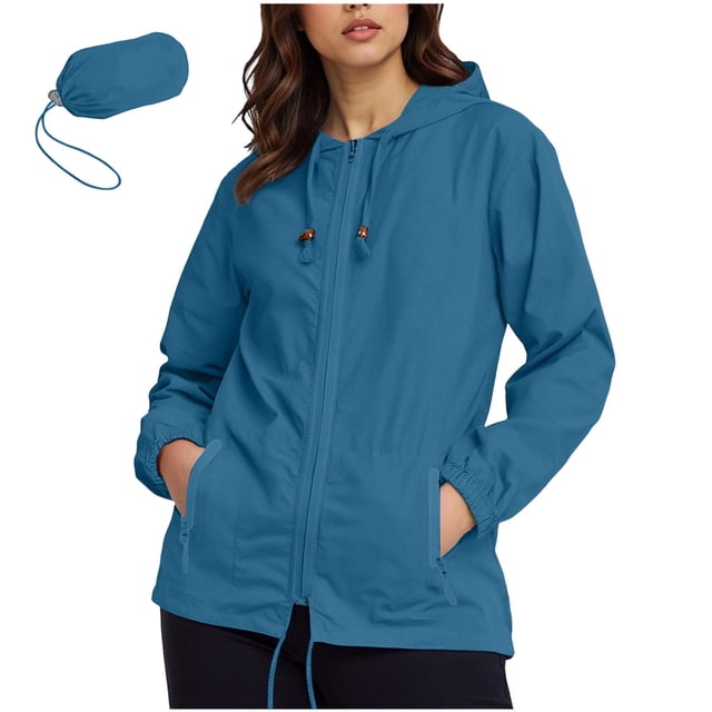 Yanlir Veste Imperméable pour Femmes, Légère, avec Capuche Zippée, Manches Longues, Poches et Sac de Rangement, Chandail Décontracté pour Automne Hiver Printemps (Bleu Ciel#1,4TG)