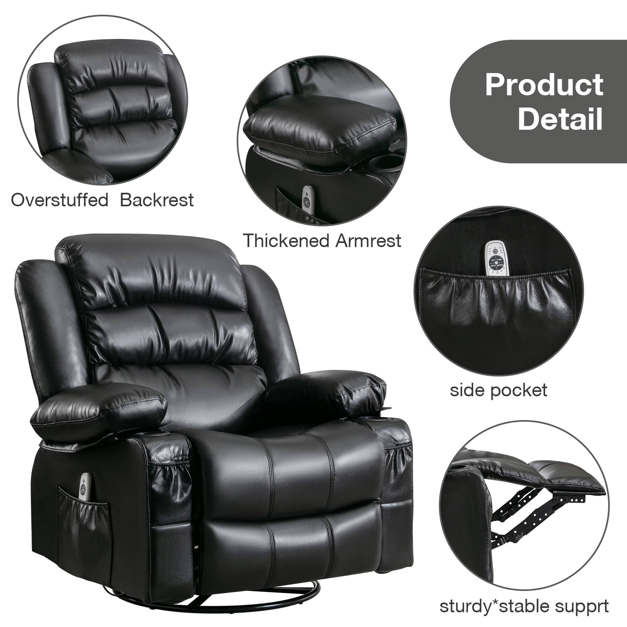 UHOMEPRO Massage Swivel Rocker Recliner Chair, PU Leather Rocking Sofa Home Recliner with Side Pockets Cup Holder and USB Charge Port, 360-degree Rotation, 30-degree Rocking, Black