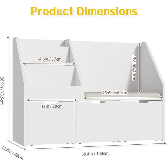 40 Inch Kids Reading Nook with , Toy Storage Organizer and Bookshelf with Cushion, White Corner Bookshelf with 3 Movable Drawers for Nursery Playroom Bedroom