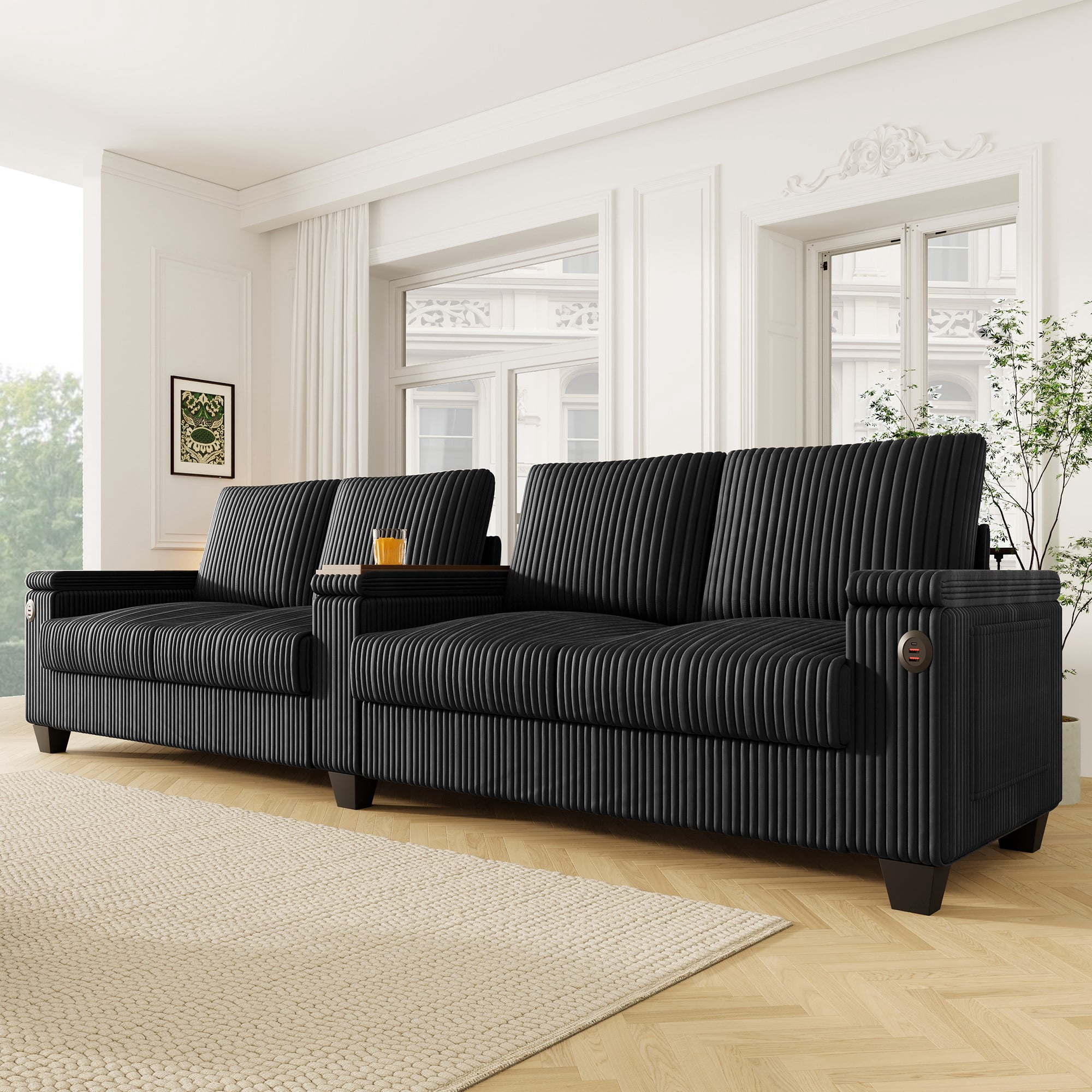 133" Modern Sofa,4-seater Corduroy Sofa Couch with USB Ports,Hidden Storage Arms, Flip-Top Cup Holders for Living Room,Black