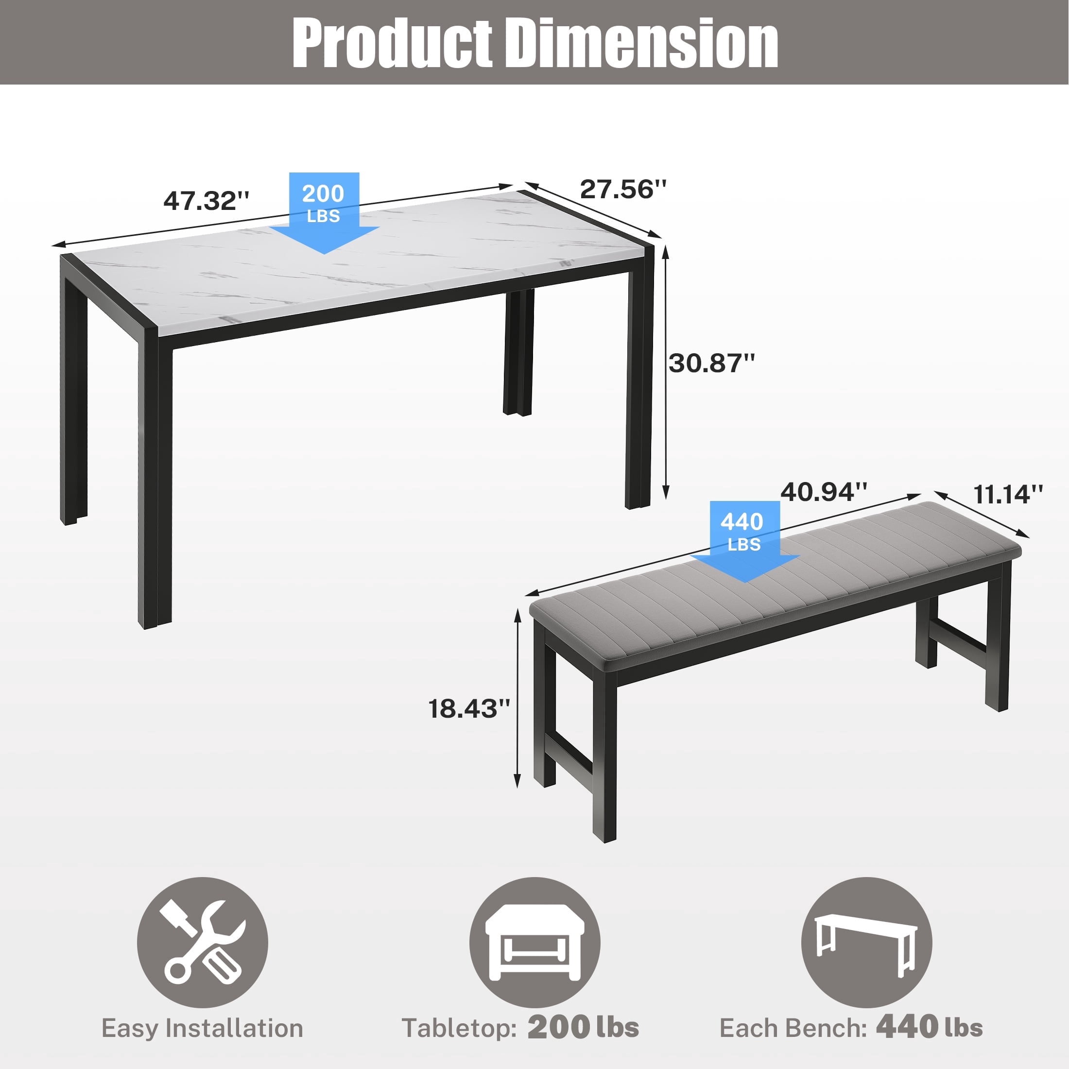 PORKISS Dining Table Set for 4, 3 Piece Kitchen Table Set with 2 Velvet Benches, Faux Marble Dining Room Table Set, Breakfast Nook Table Set for Small Spaces, Apartment, White+Gray+Black