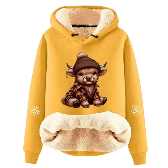 Telankuip Sherpa Lined Hoodies for Women Winter Warm Cozy Highland Cow Graphic Print Pullover Sweatshirts Long Sleeve Casual Stylish Xmas Holiday Hooded Tops Yellow XL