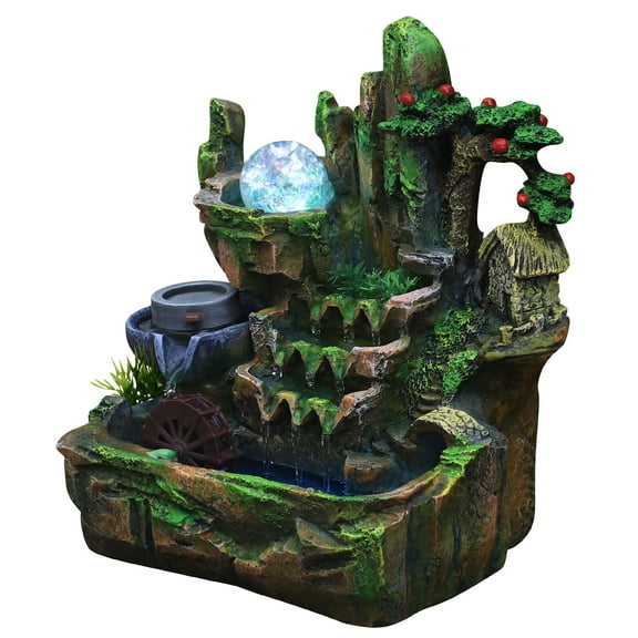 110V Tabletop Fountain Indoor with LED Lamp Atomization Effect, Small Rockery Desktop Mountain Cascading Waterfalls Rockery Water Fountain Waterwheel Mill Rolling Ball Atomizing Ornament Decoration