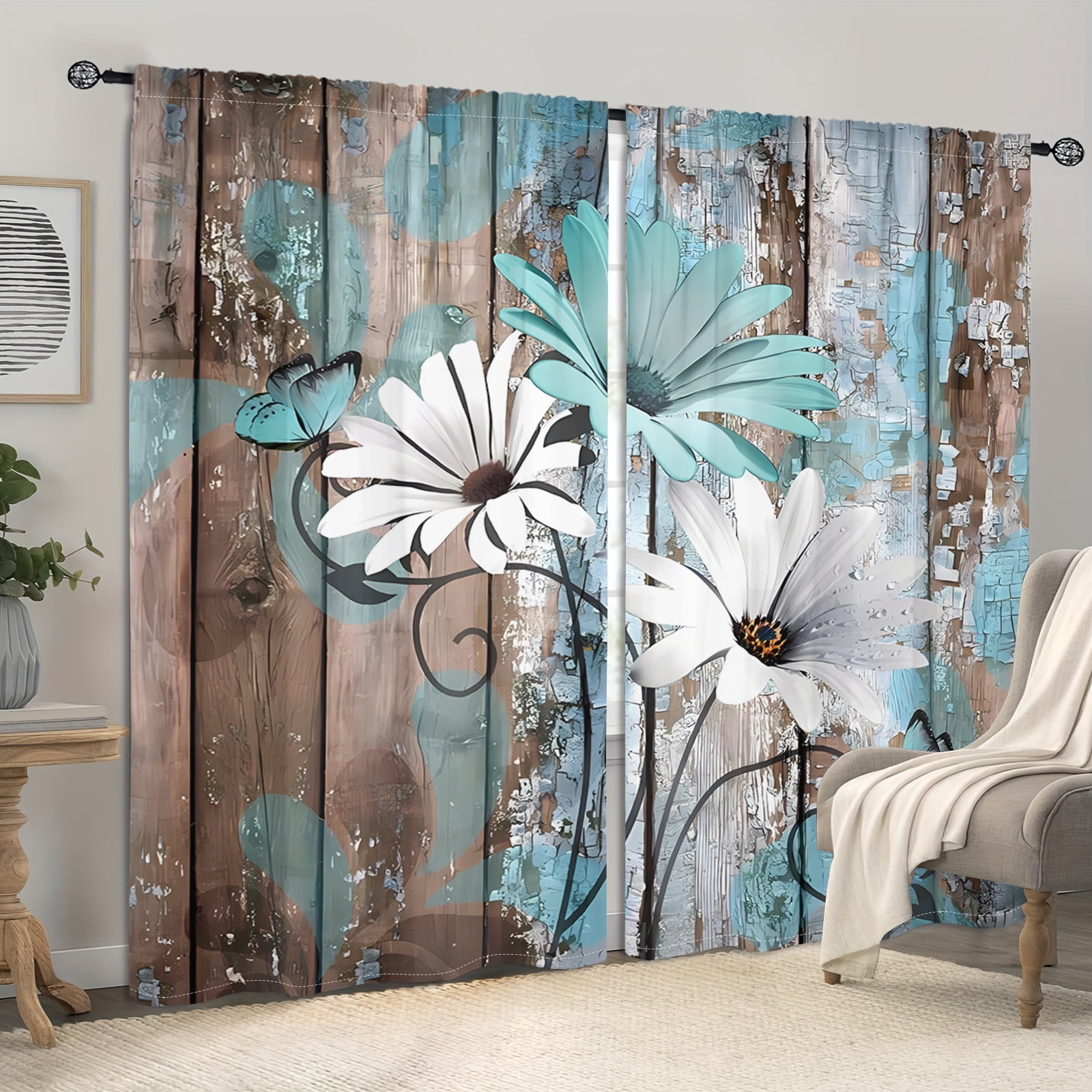 WNOOHIY Vintage Rustic Wooden Daisy Print Curtains for Bedroom,Dining Room, Living Room,2 Panels