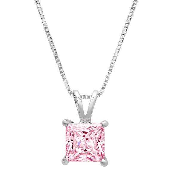 1 ct Brilliant Princess Cut Solitaire Simulated Pink Diamond 14k White Gold Pendant with 16" Chain