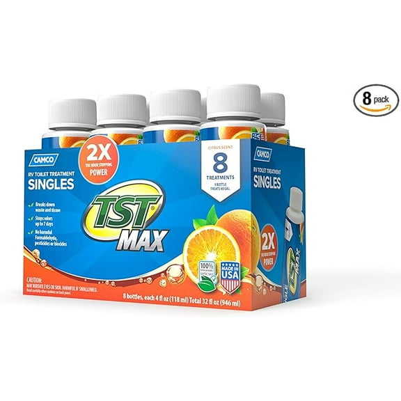 Camco TST MAX Camper / RV Toilet Treatment Singles - Features Ultra-concentrated Biodegradable Septic Safe Formula - Orange Scent, (8) 4 oz Bottles (41191)