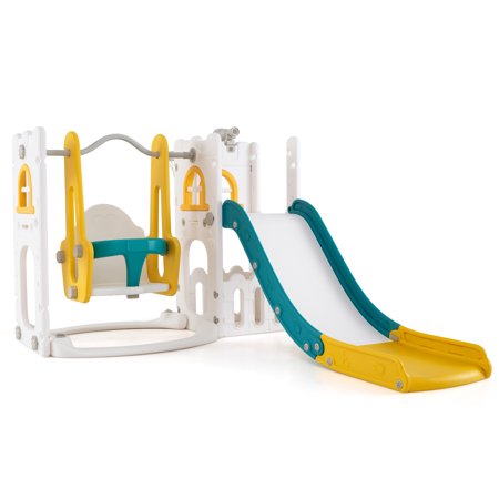 Patiojoy 7 in 1 L-shaped Toddle Swing and Slide Set Freestanding Toddler Slide Playset w/ Swing Yellow