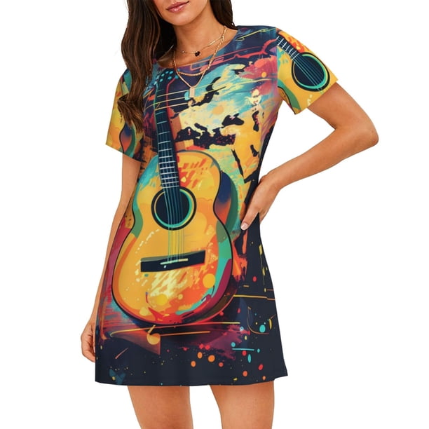 Disketp World Map Guitar Illustration para Camisón Corto de Manga Corta para Mujeres, Camisón Cómodo con Escote Redondo, Bonito y Confortable