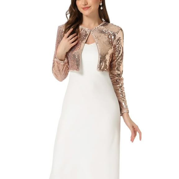 INSPIRE CHIC Women's Cropped Cardigan Sequin Open Front Long Sleeve Glitter Shrug XS Pink