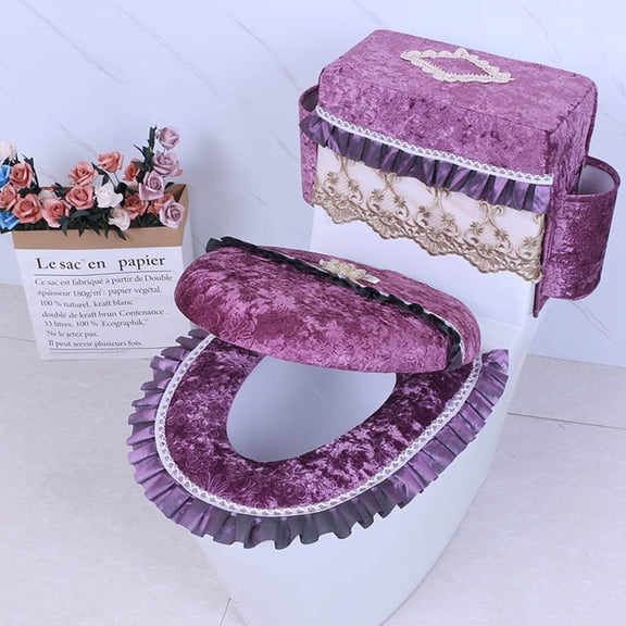 Toilet Mat Latrine Mat Toilet Seat Cushion Net Red Gold Diamond Velvet Three Piece Set Purple