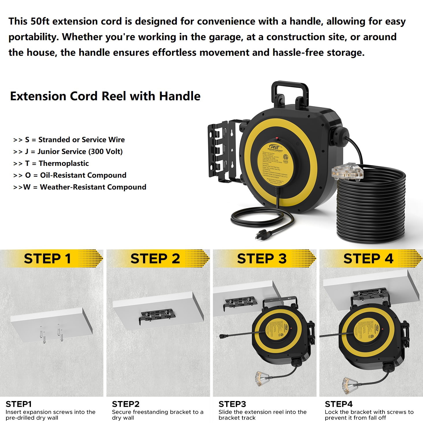 CRST Retractable Extension Cord Reel with Handle, 50 FT Heavy Duty 14AWG/3C SJTOW Power Cord with 3 Grounded Outlets Lighted Triple Tap Limited of 1625W, 13Amp Circuit Breaker, 180° Swivel Bracket